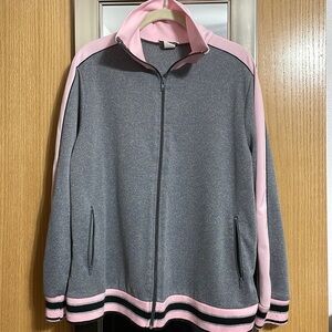 Monroe & Main 1X varsity stripes zip up high collar pink and grey sweatshirt